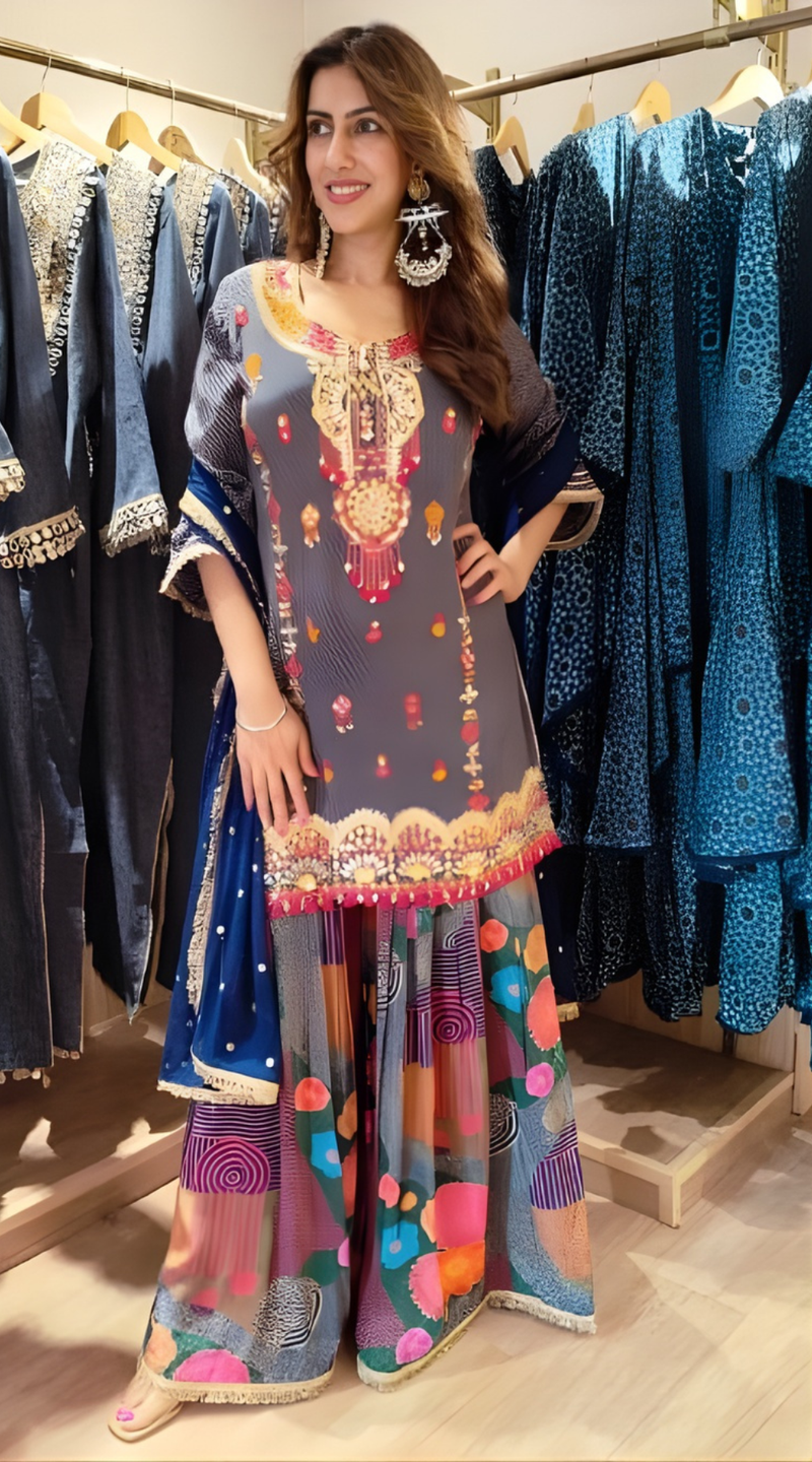 Blue Multicolor Crepe Mirror Work Sharara Set
