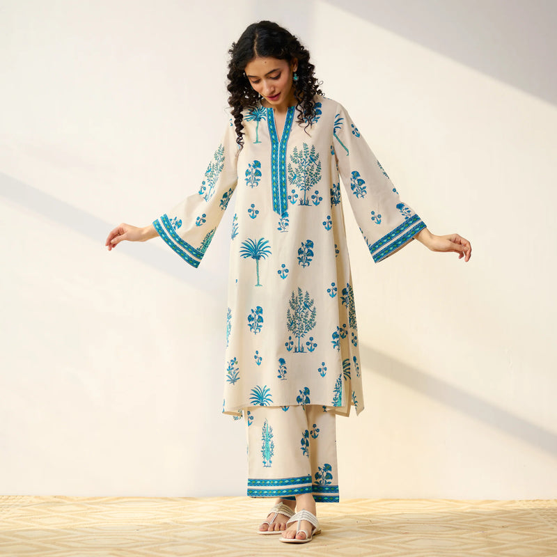 Mehfil Cotton Printed Co-ord Set in Off White Monotone- By Reet Lifestye