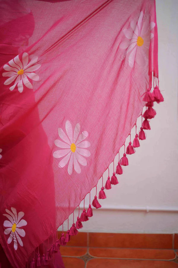 Hot Pink Handpainted Mulmul Cotton Saree- By Reet Lifestyle