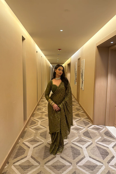 Moss Green Georgette Sequins Saree