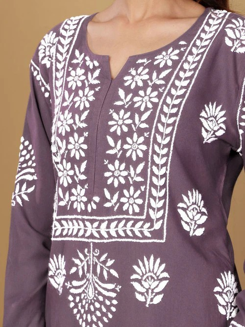 Rayon Long Chikankari Straight Kurti