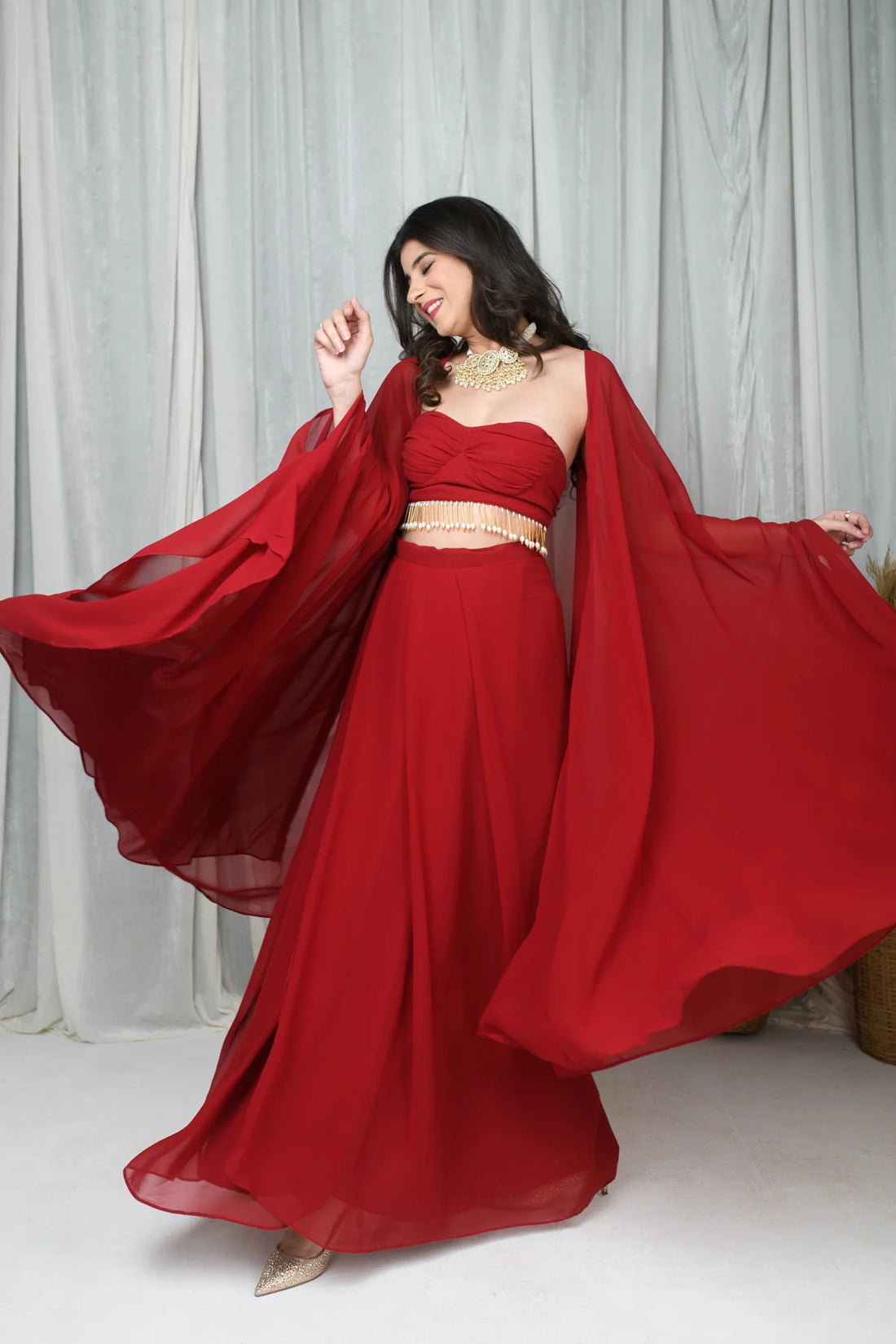 Red Cape and Drape Skirt Set- By Reet Lifestyle