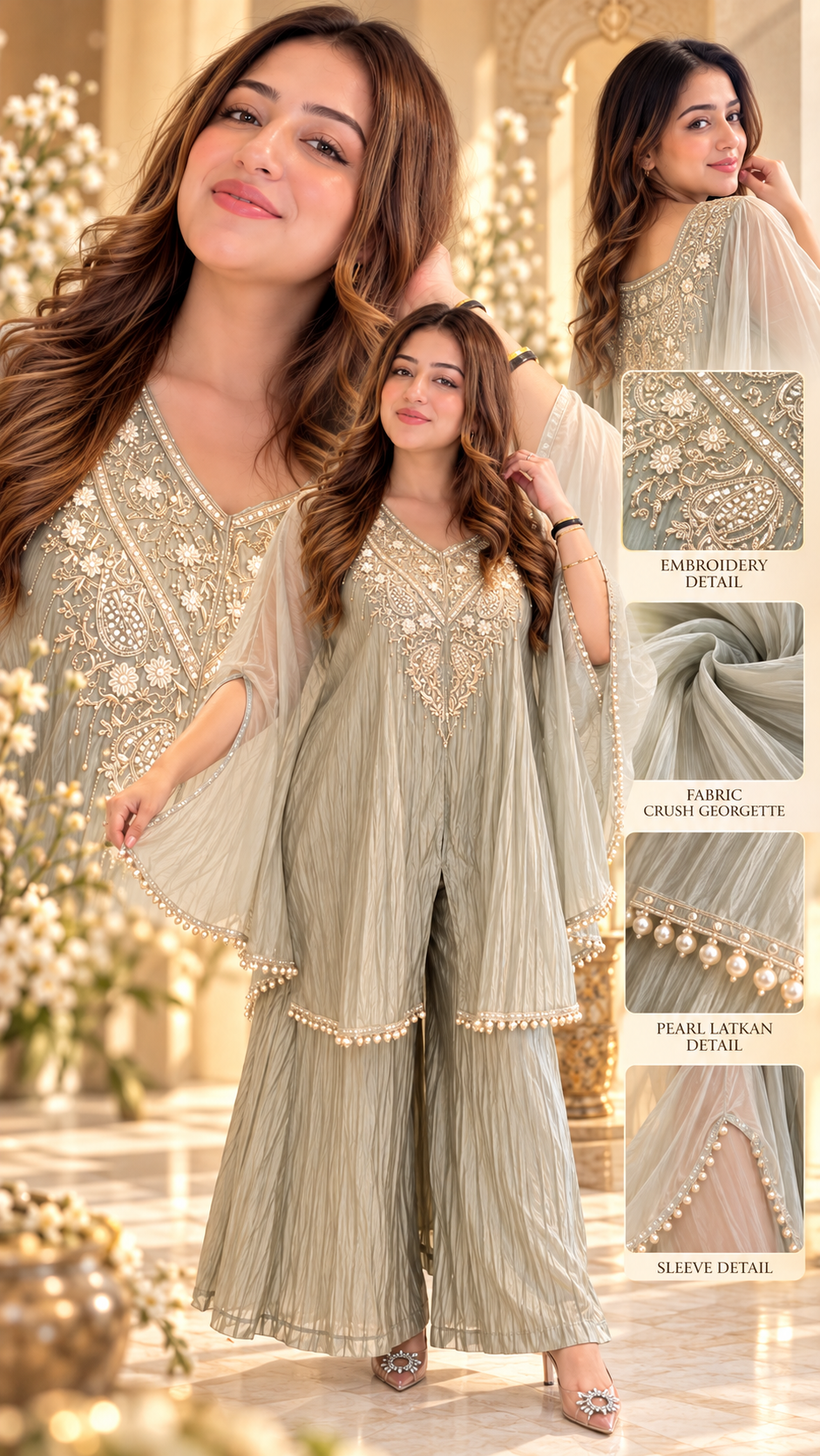 Noor-E-Zar Sage Grey Embroidered Kaftaan Palazzo Set