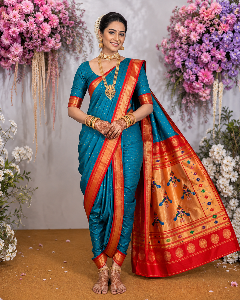 Sindoori Red 9 Yard Soft Silk Paithani Saree with Kalash Peacock Pallu