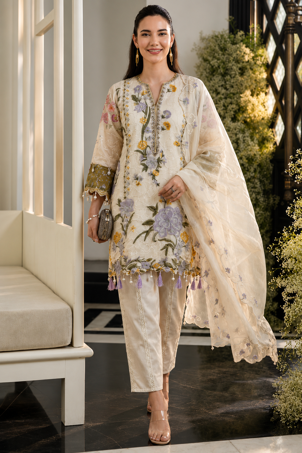 Women's Festive Ivory Embroidered Suit Set