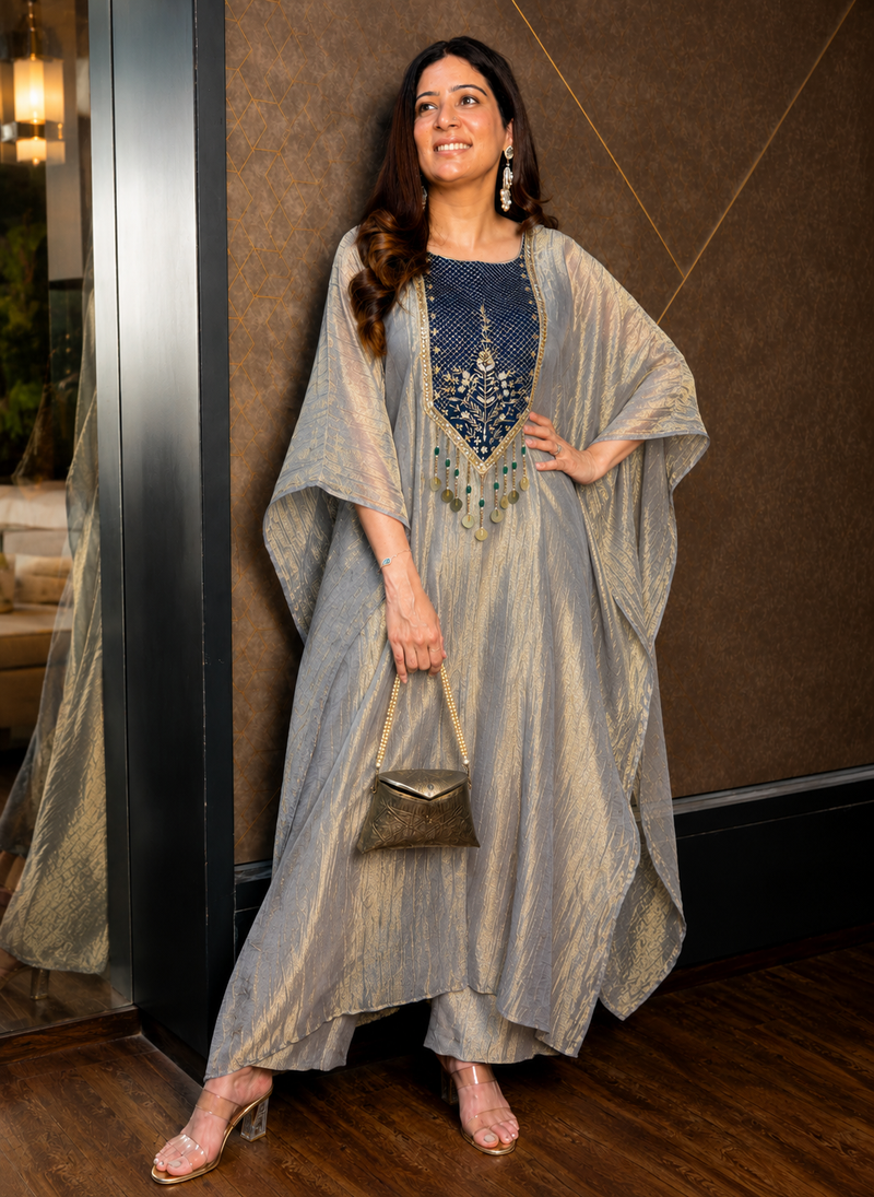 Moonstone Grey Embellished Kaftan Co-Ord Set