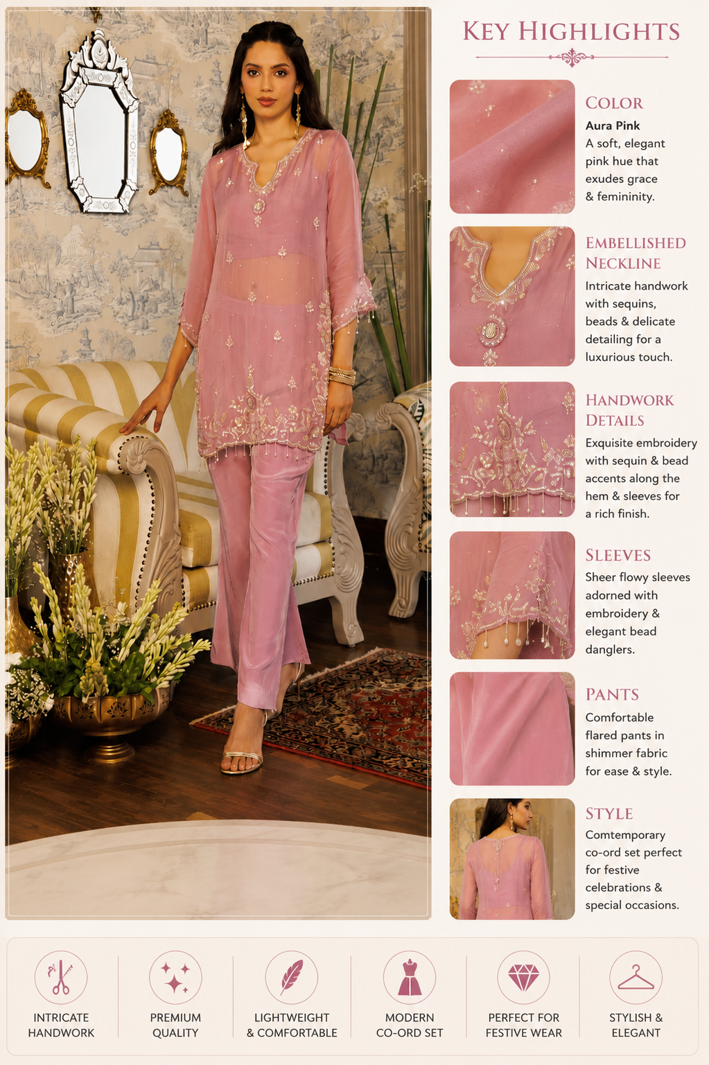 Aura Pink Embellished Co-Ord Set