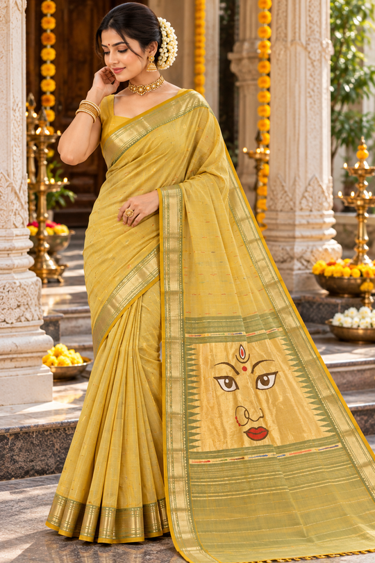 Traditional Maharashtrian Devi Varn Temple Design Zari Border Cotton Paithani Saree