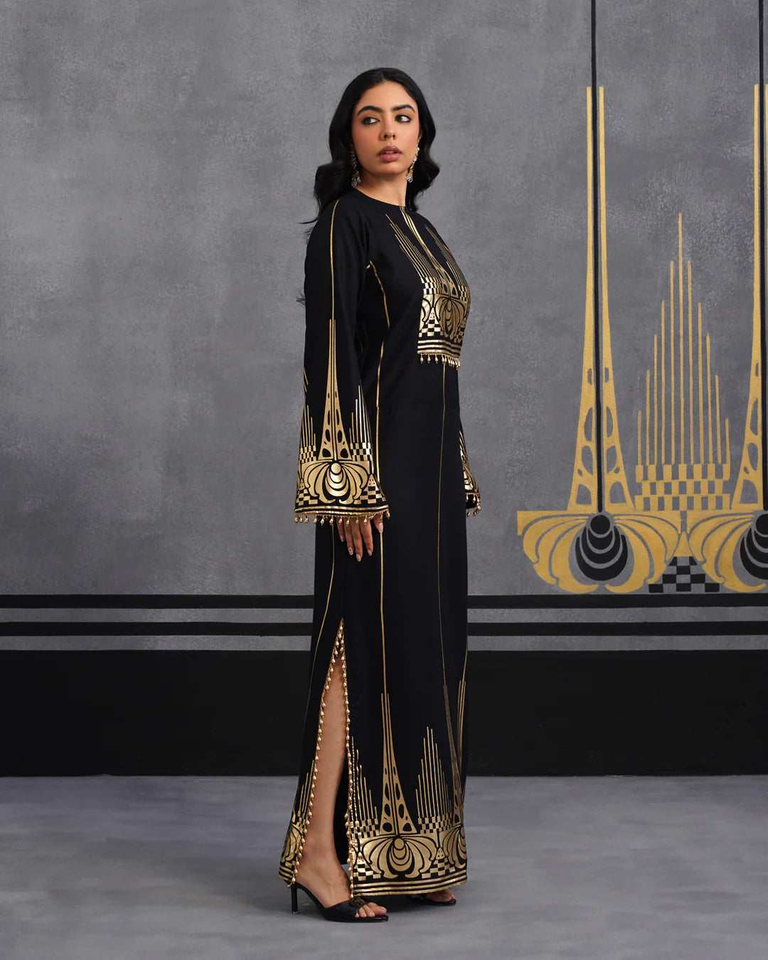 Royal Luxurious Noir Gold Foil Kaftan Dress