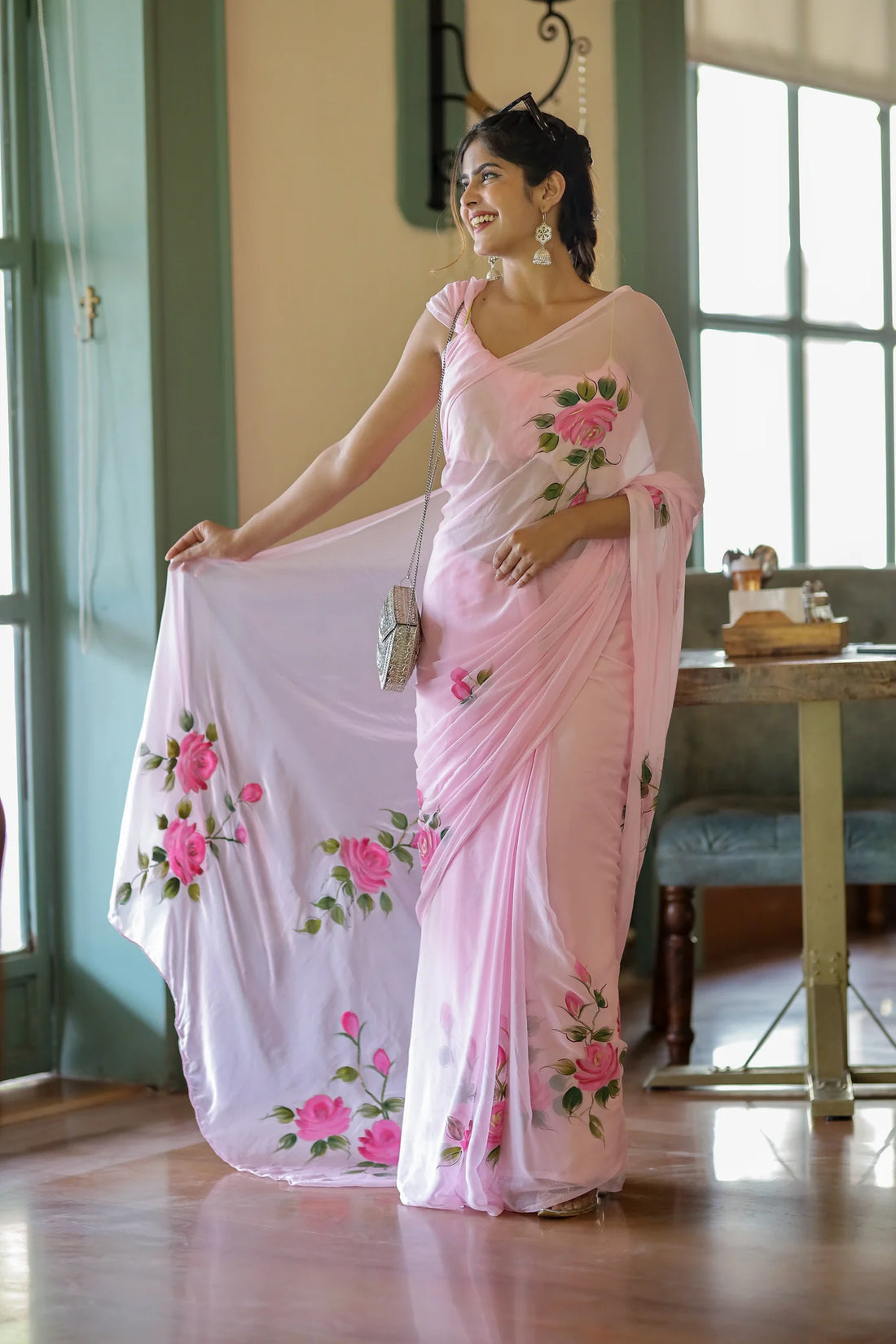 Gulrooh Hand-Painted Pure Chiffon Saree with Blouse