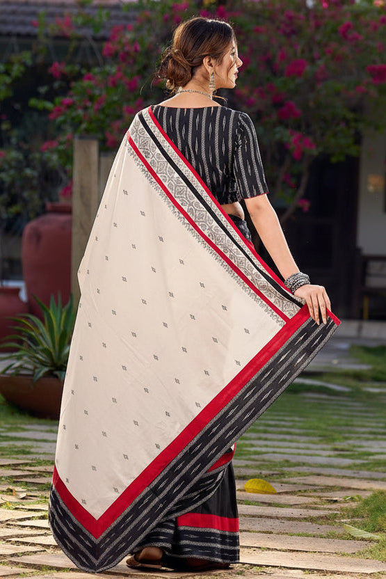 Black Saree with Ikat & Jamdani Accents with Stiched Blouse