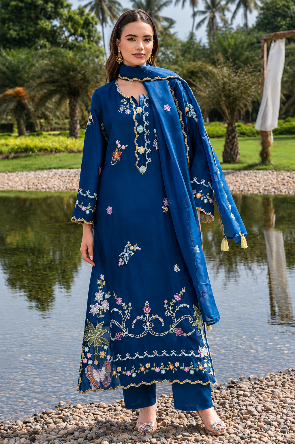 Women's Blue Embroidered Festive Ethnic Suit