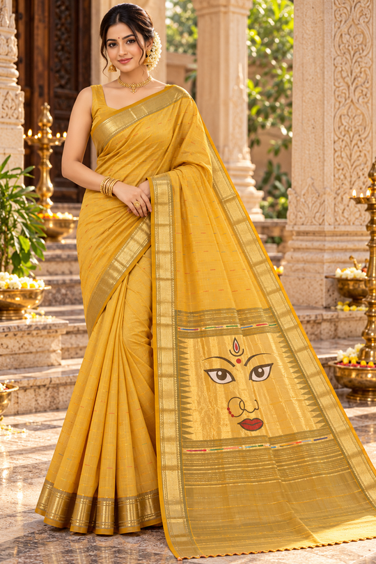 Traditional Maharashtrian Devi Varn Temple Design Zari Border Cotton Paithani Saree