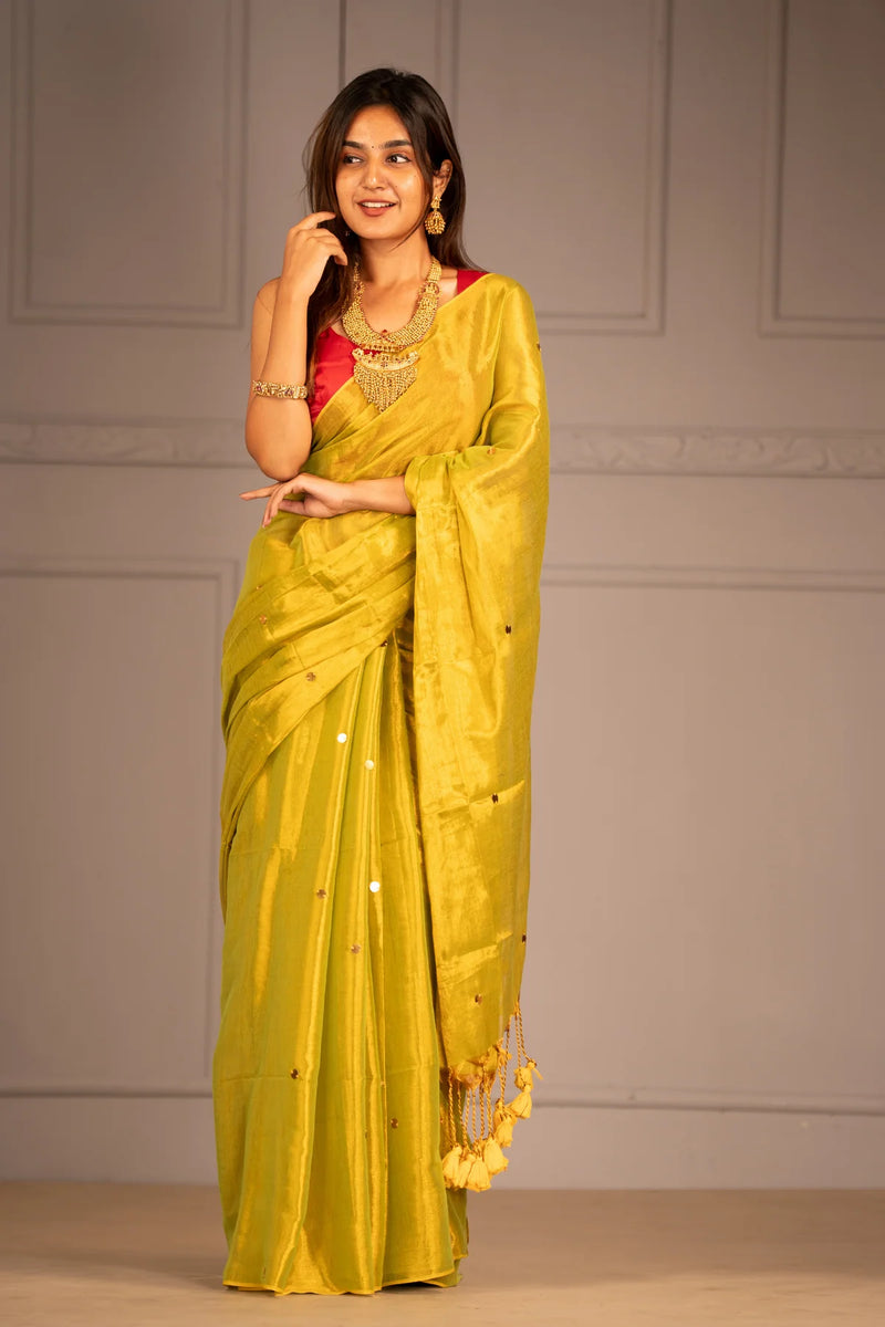 Sunbeam Yellow Tissue Mul Cotton Saree