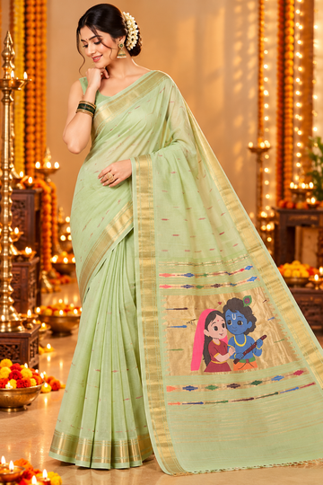 Mint Green Pure Cotton Paithani Saree with Traditional Radha Krishna Pallu & Golden Zari Border