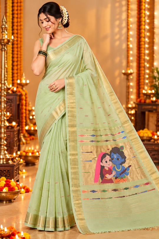 Mint Green Pure Cotton Paithani Saree with Traditional Radha Krishna Pallu & Golden Zari Border