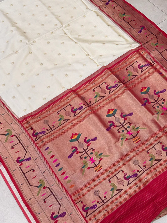 Moti White Red Paithani Silk Saree 800