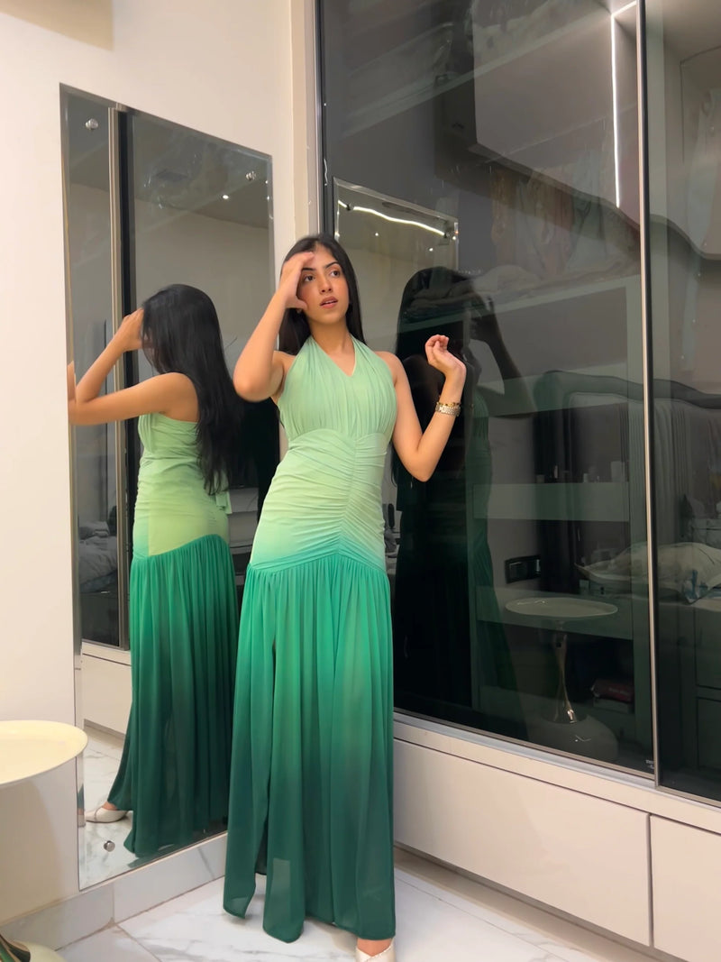 Green Mesh Lycra Flared Gown