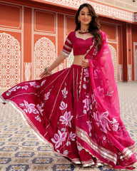 Magenta Pink Handpainted Lehenga Set with Stitched Blouse