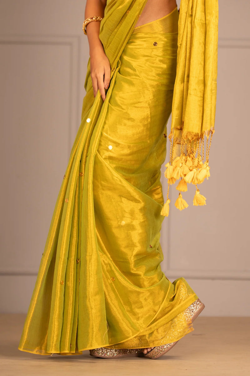 Sunbeam Yellow Tissue Mul Cotton Saree