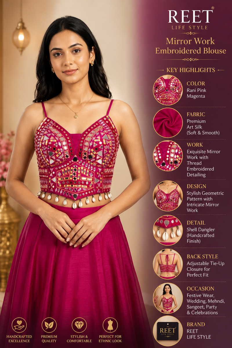 Rani Pink Mirror Work Designer Blouse with Shell Tassels