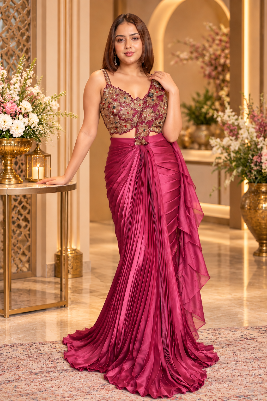 1. Glamour Edit Wine Saree with Designer Stonework Blouse