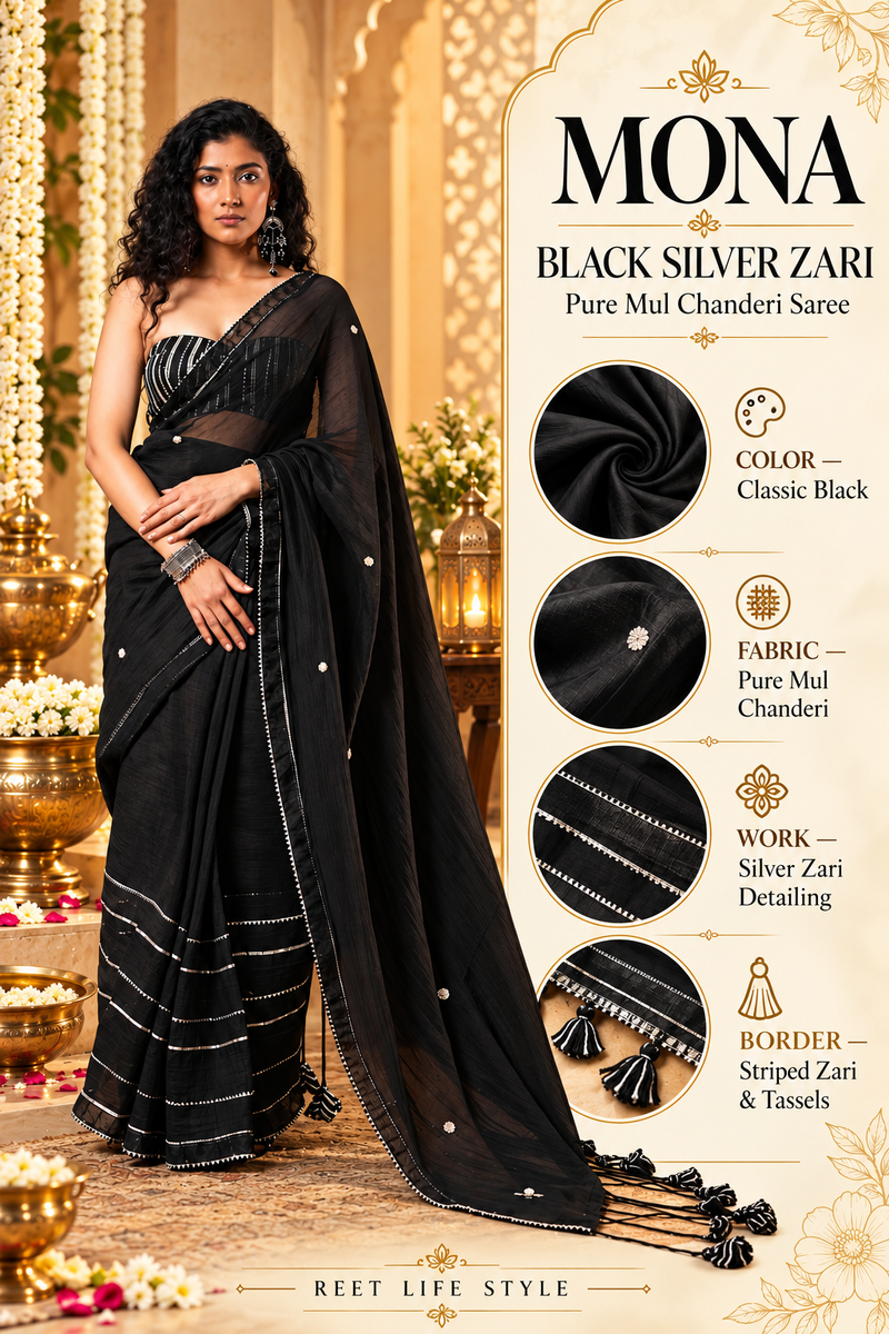 Mona Black Silver Zari Pure Mul Chanderi Saree With Blouse
