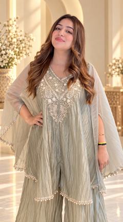Noor-E-Zar Sage Grey Embroidered Kaftaan Palazzo Set