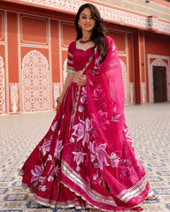 Magenta Pink Handpainted Lehenga Set with Stitched Blouse