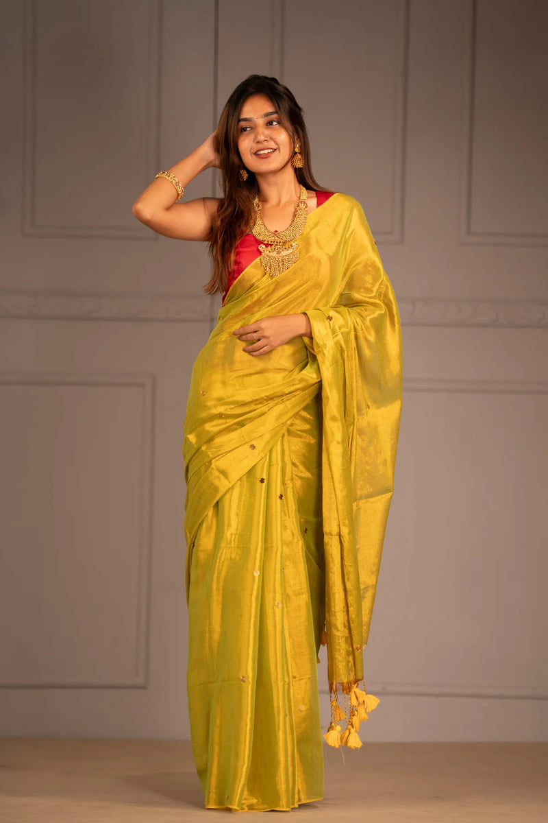 Sunbeam Yellow Tissue Mul Cotton Saree