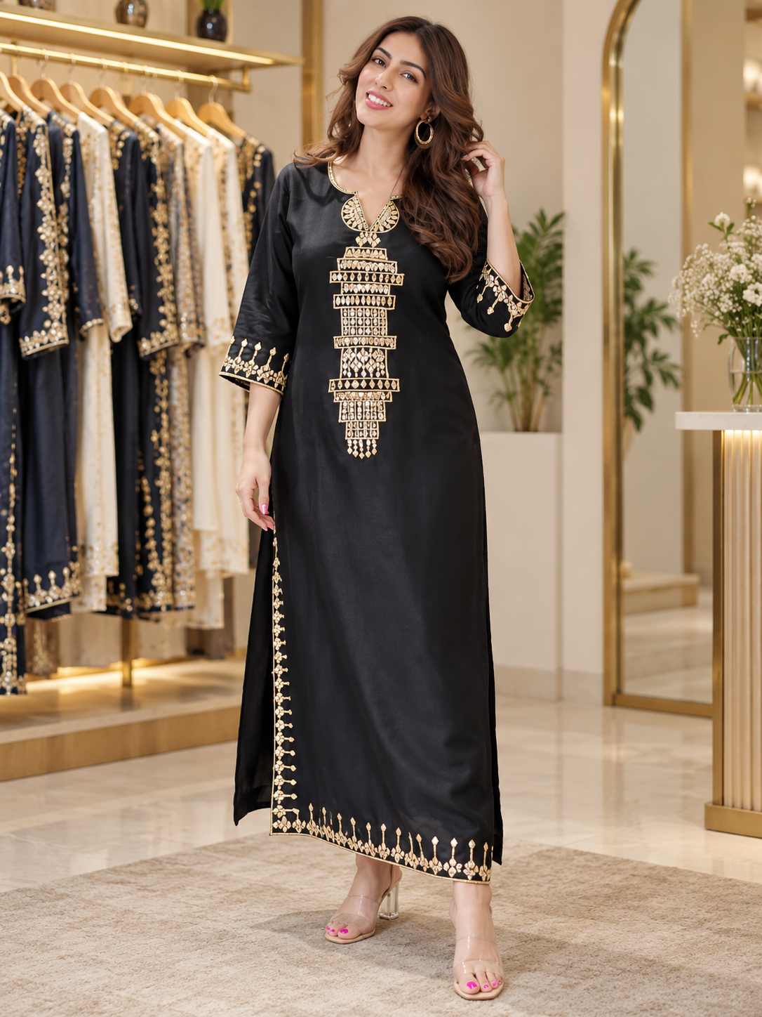Noor-E-Zari Black &Gold Embroidered Designer Kaftan