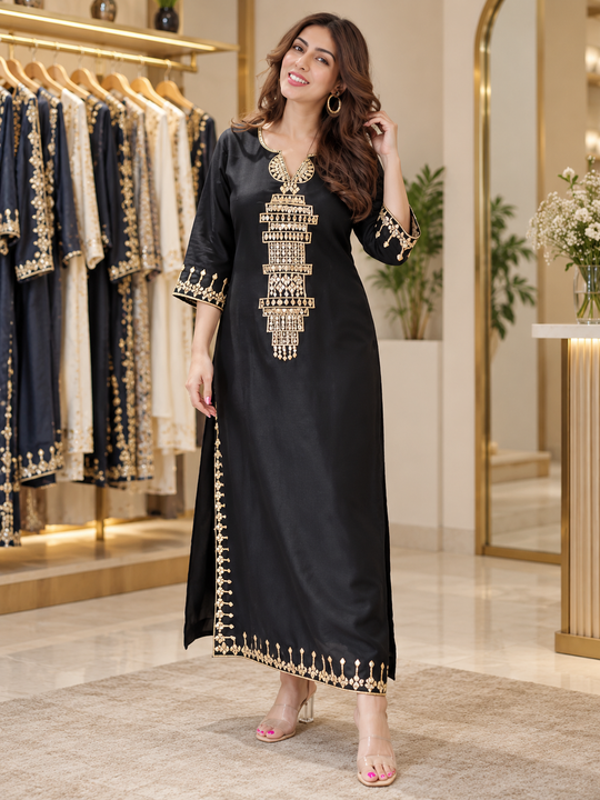 Noor-E-Zari Black &Gold Embroidered Designer Kaftan
