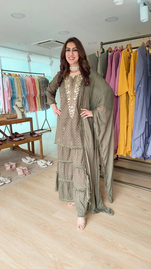 Ethnic Embroidered Maroon Long Yoke Sharara Set