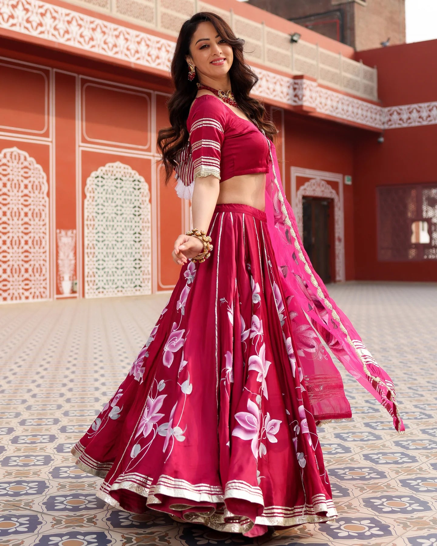 Magenta Pink Handpainted Lehenga Set with Stitched Blouse