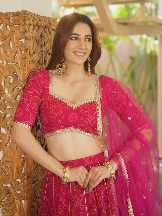 Gulabi Bandhej Festive Lehenga Set