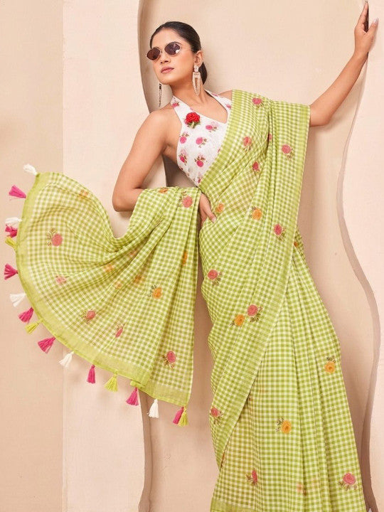 Silk  Floral Checked Woven Design Border Saree