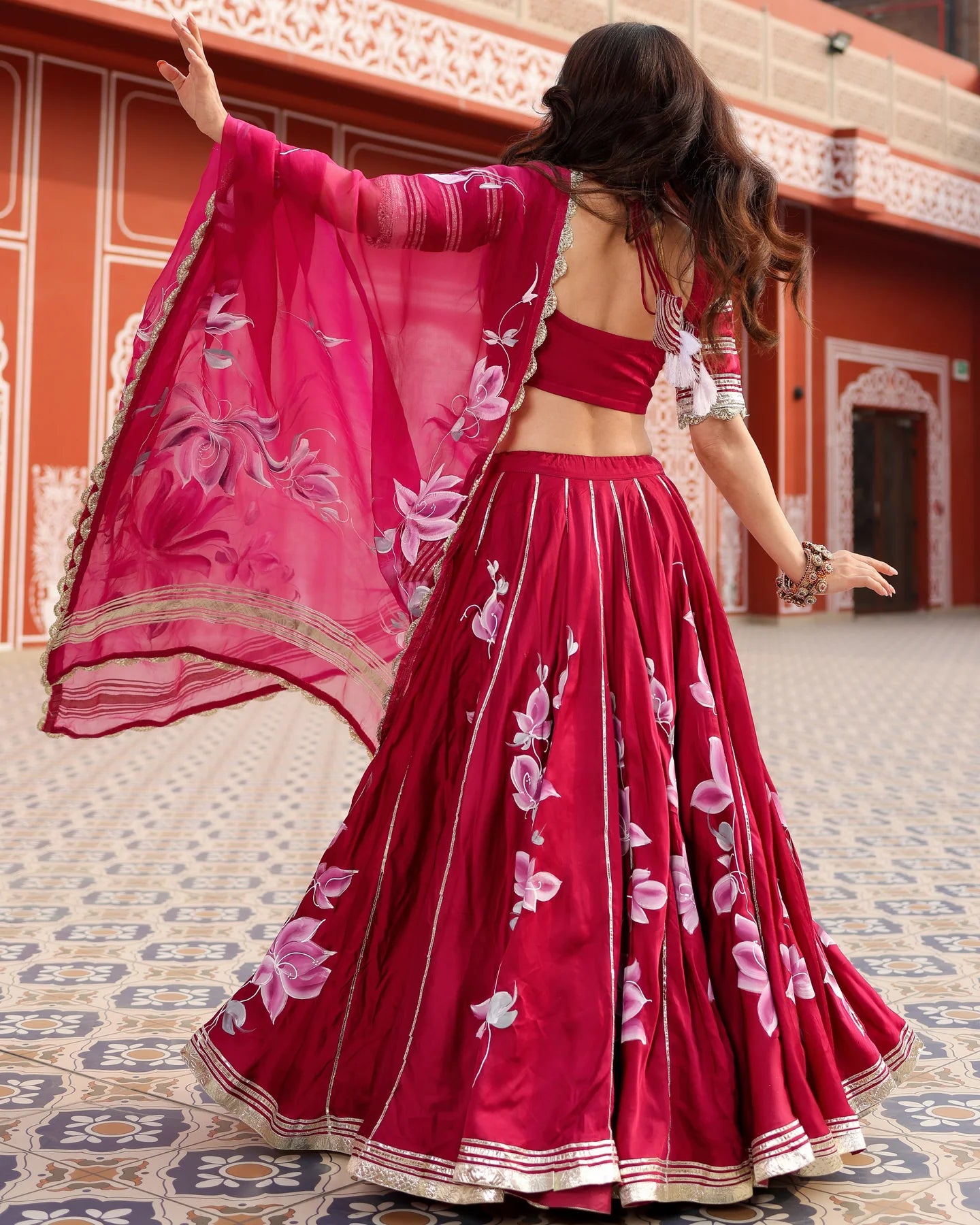 Magenta Pink Handpainted Lehenga Set with Stitched Blouse