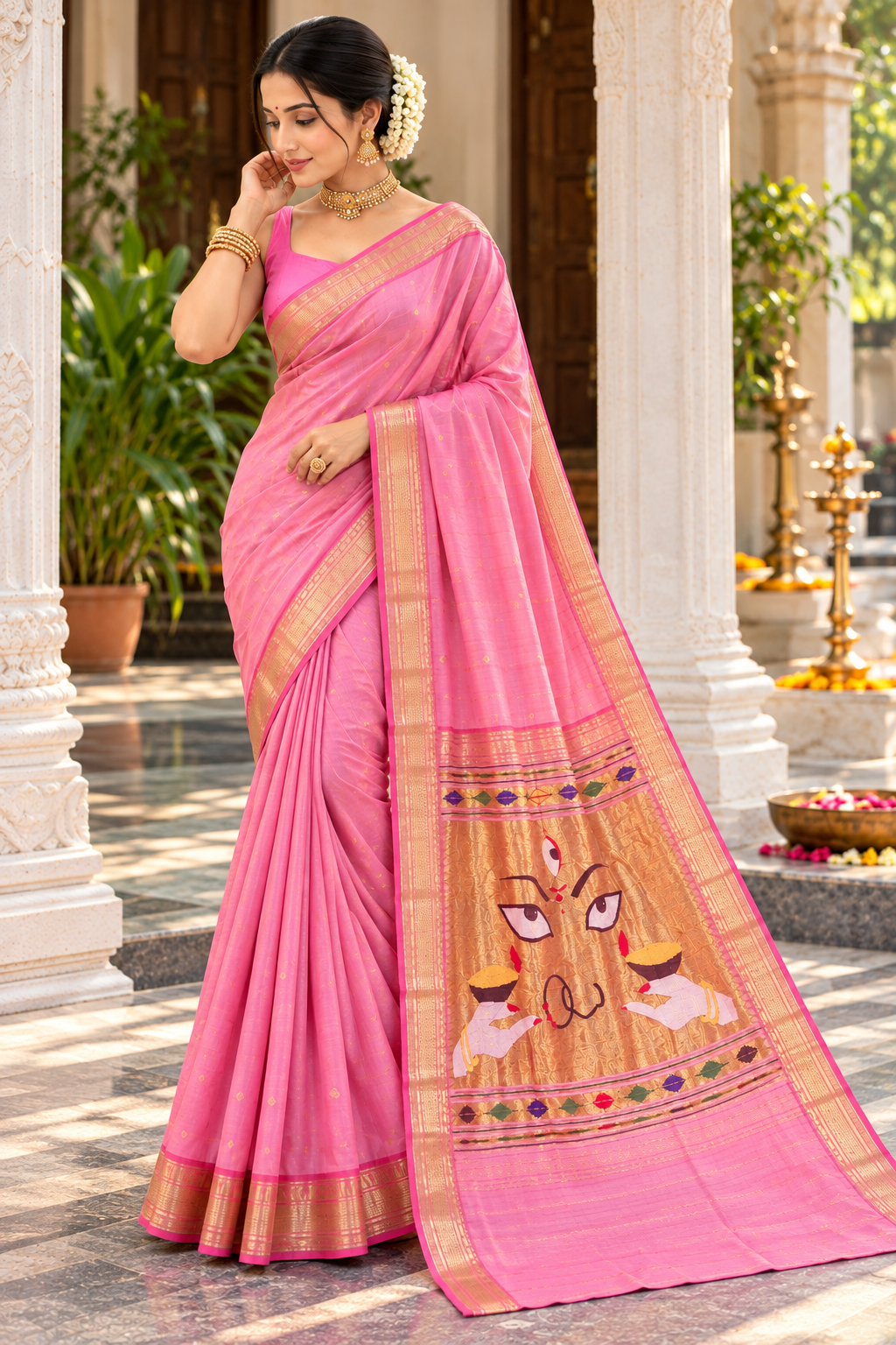 Traditional Maharashtrian Devi Varn Temple Design Zari Border Cotton Paithani Saree