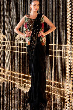 Black Crepe Saree with Blouse and Jacket Set