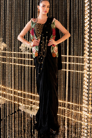 Black Crepe Saree with Blouse and Jacket Set