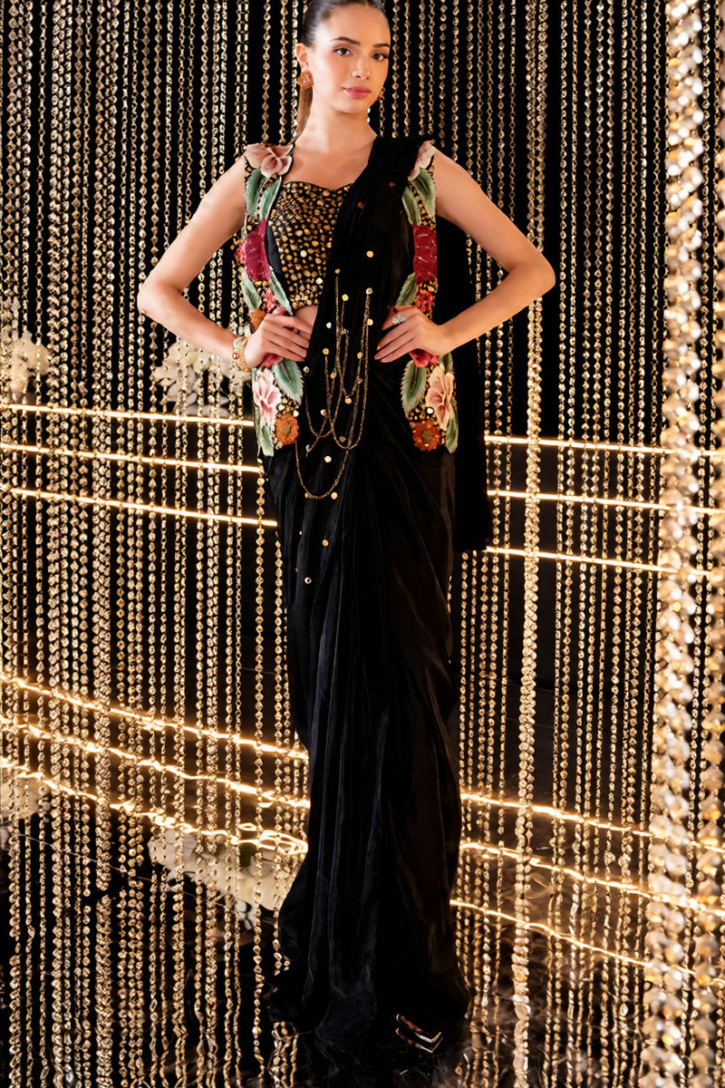 Black Crepe Saree with Blouse and Jacket Set