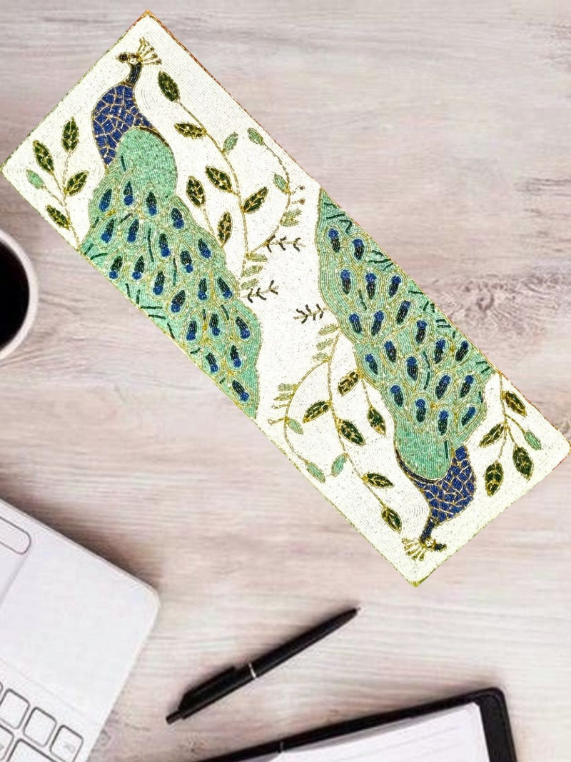 White Blue Beaded Floral Table Runner