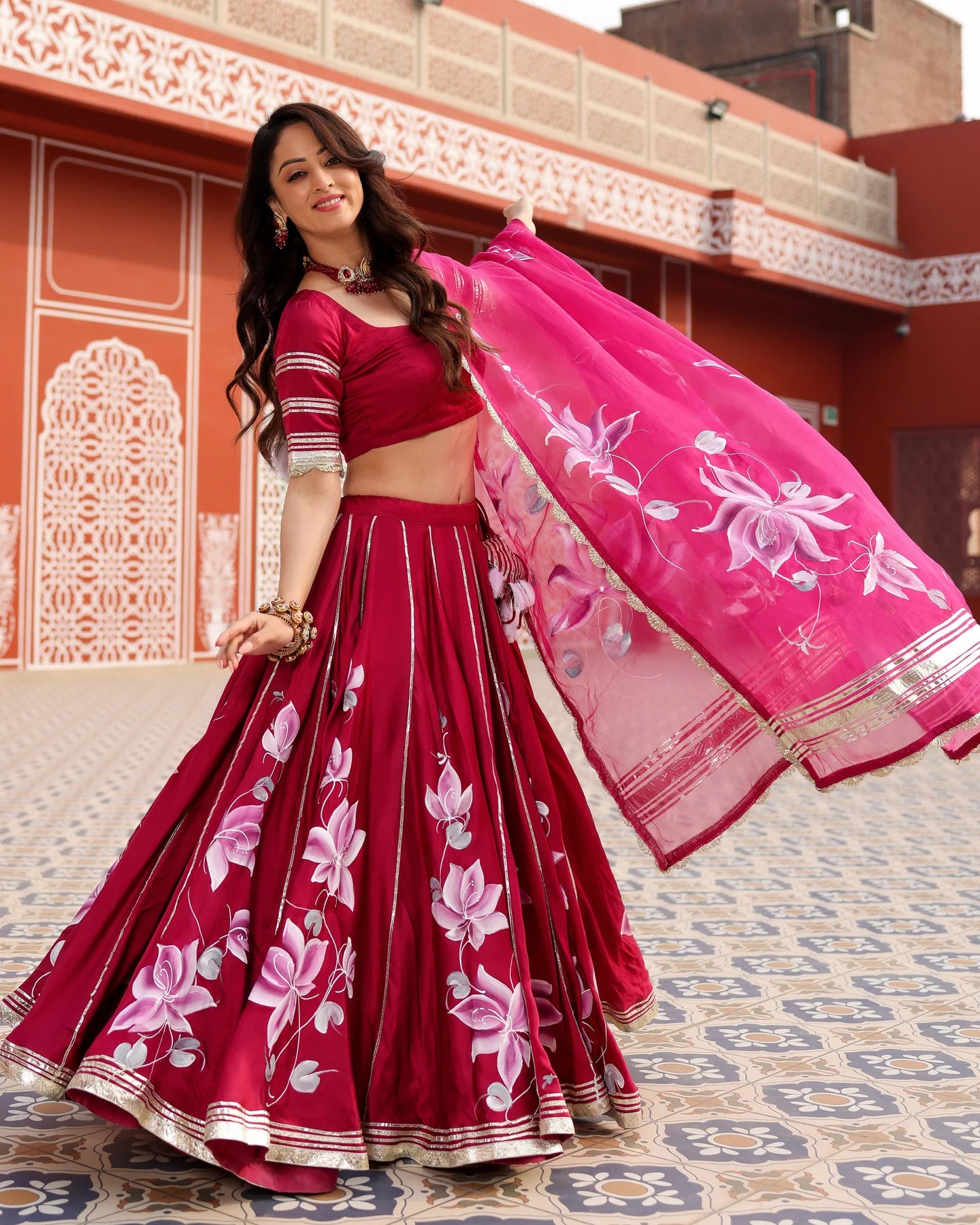 Magenta Pink Handpainted Lehenga Set with Stitched Blouse