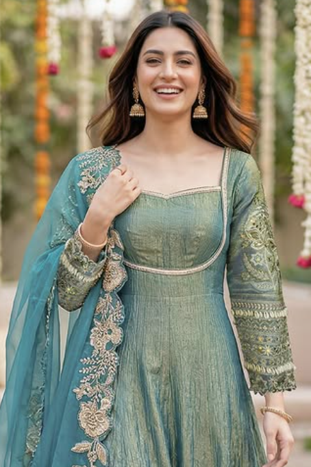 Sage Green Embroidered Anarkali Gown Set with Organza Dupatta