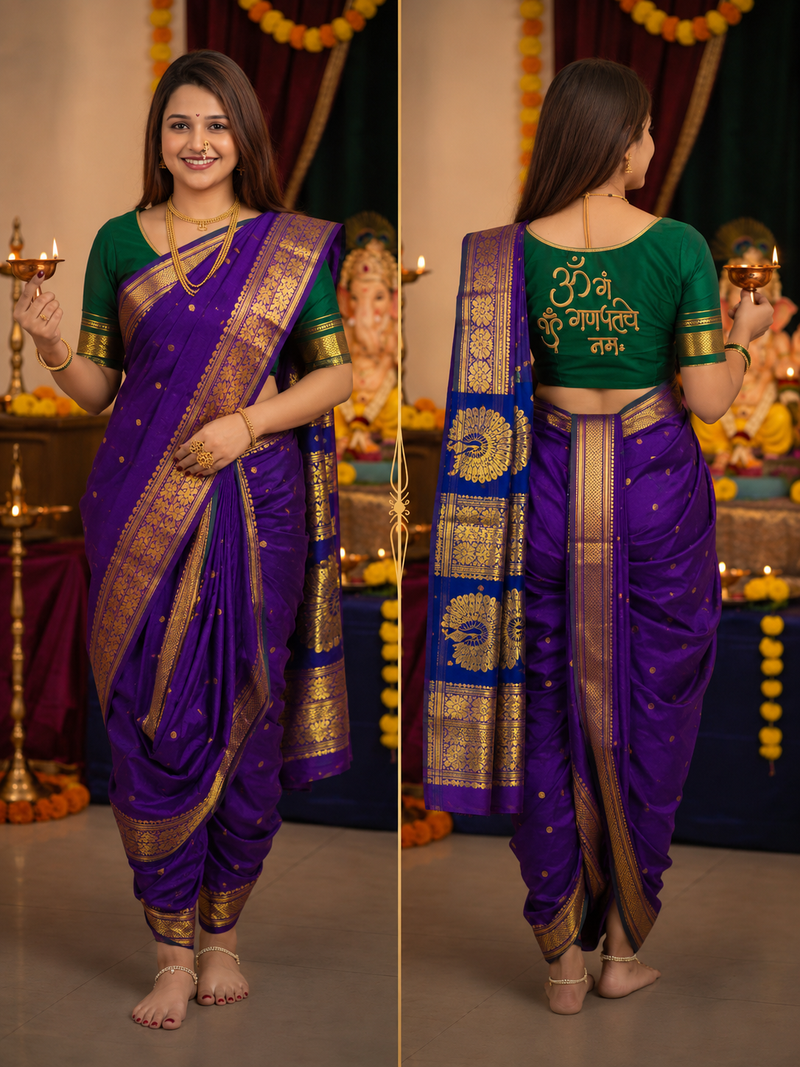 Jijamata Pure Cotton Silk 9-Yard Nauvari Paithani Saree With Morani Pallu