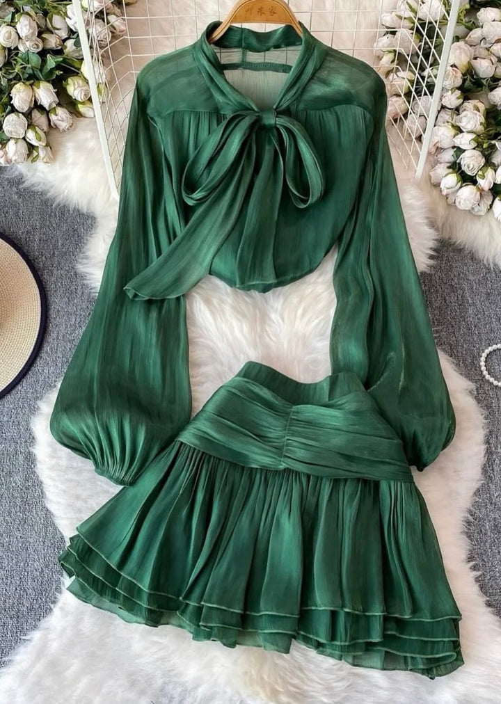 Champagne Glow Satin Tie-Neck Ruffle Mini Dress for Women