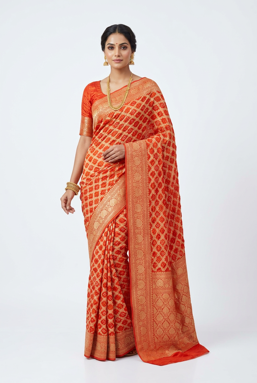 Orange Bandhej Bandhini Saree