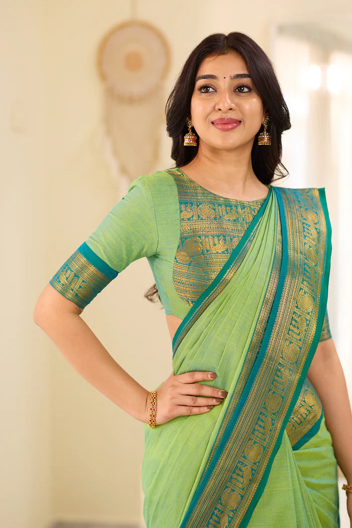 Mint Aura Chettinad Cotton Saree with Zari Border