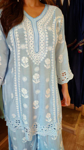 Sky Bloom Chikankari High-Low Kurta Set
