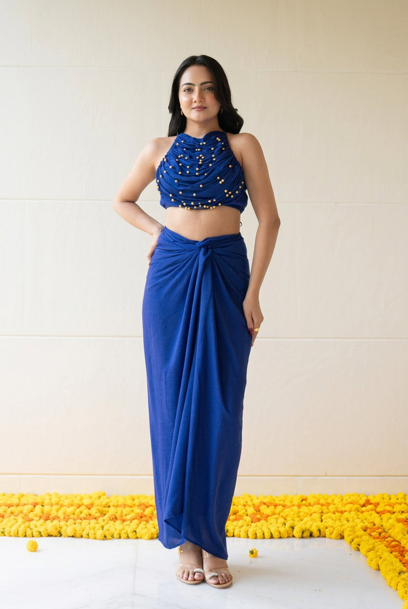 Indigo Muse Backless Draped Set